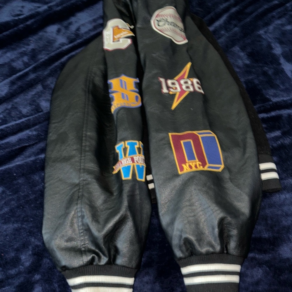 Fashion Nova Black Bomber Jacket with Colorful Patches
